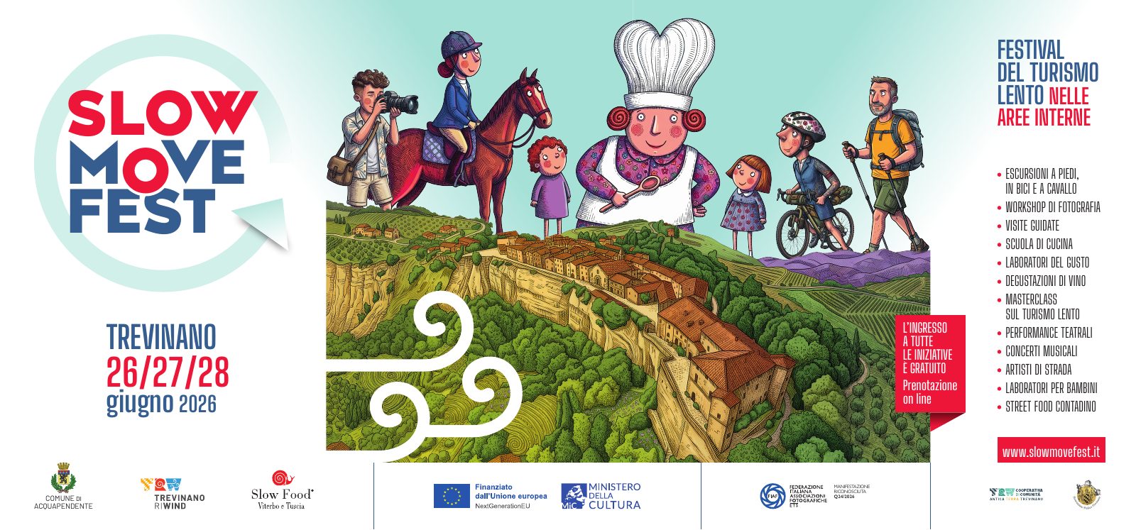 Slow Move Fest 2026 — Trevinano 26/27/28 giugno · Festival del turismo lento nelle aree interne · escursioni, laboratori del gusto, degustazioni, spettacoli · ingresso gratuito su prenotazione online